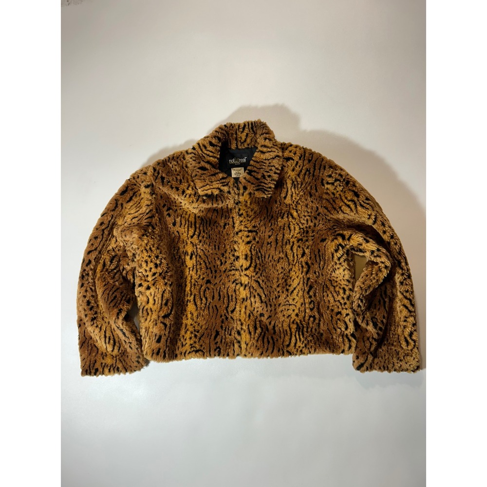 Not Fur Real Faux Fur Jacket Womens Large Brown Excellent Animal Print Cropped